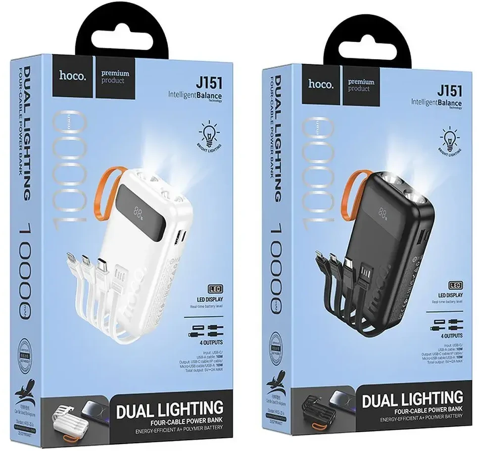 „Hoco“ 10000 mAh 2A išorinė baterija su integruotais USB A + USB C + „Lightning“ + „Micro USB“ laidais ir dvigubu apšvietimu J151 juodas