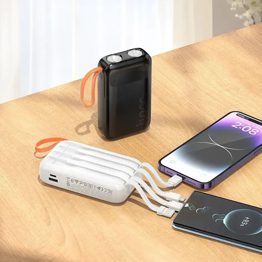 „Hoco“ 10000 mAh 2A išorinė baterija su integruotais USB A + USB C + „Lightning“ + „Micro USB“ laidais ir dvigubu apšvietimu J151 juodas
