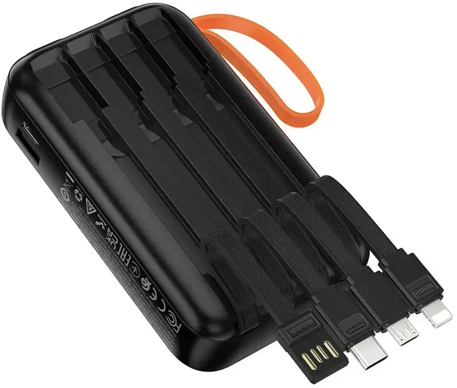 „Hoco“ 10000 mAh 2A išorinė baterija su integruotais USB A + USB C + „Lightning“ + „Micro USB“ laidais ir dvigubu apšvietimu J151 juodas