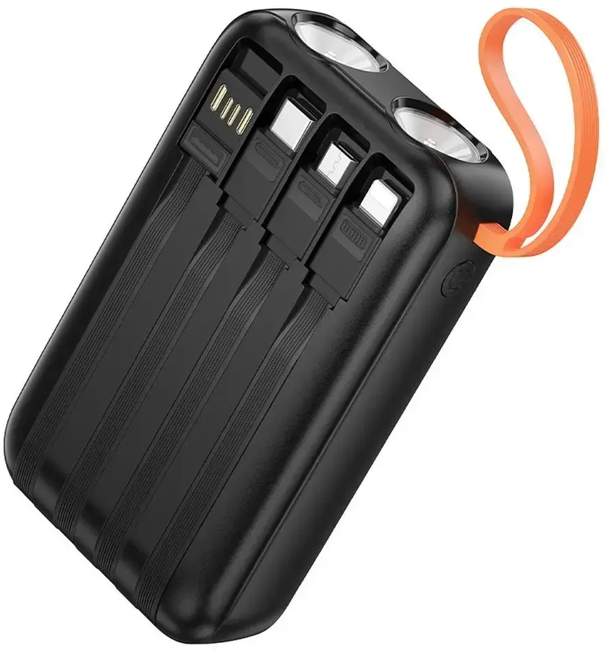 „Hoco“ 10000 mAh 2A išorinė baterija su integruotais USB A + USB C + „Lightning“ + „Micro USB“ laidais ir dvigubu apšvietimu J151 juodas