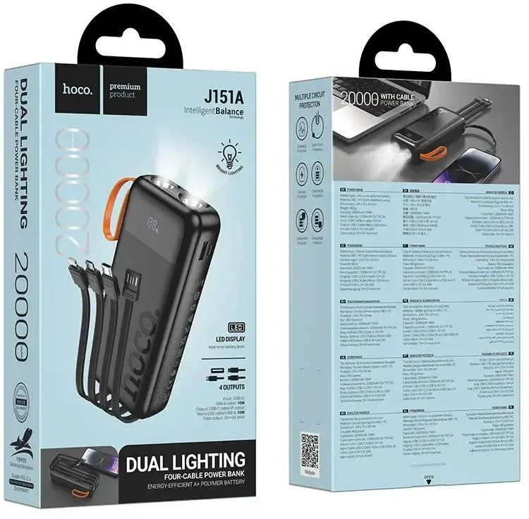 Powerbank Hoco 20000 mAh 2A with built-in cables USB A + USB C+ Lightning + Micro USB and double light J151A juodas