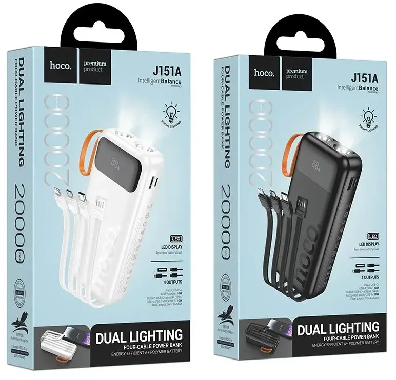 Powerbank Hoco 20000 mAh 2A with built-in cables USB A + USB C+ Lightning + Micro USB and double light J151A juodas