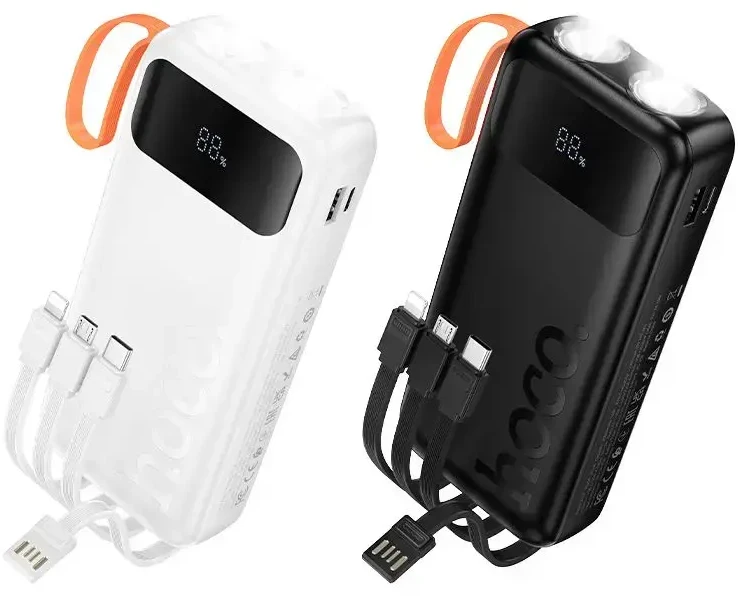 Powerbank Hoco 20000 mAh 2A with built-in cables USB A + USB C+ Lightning + Micro USB and double light J151A juodas