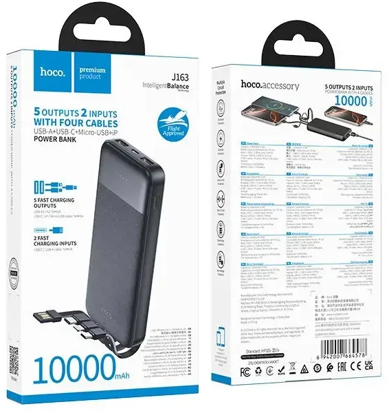 Išorinis akumuliatorius Hoco 10000 mAh 2A su keturiais integruotais kabeliais USB A + USB C + Lightning + Micro USB J163 juodas