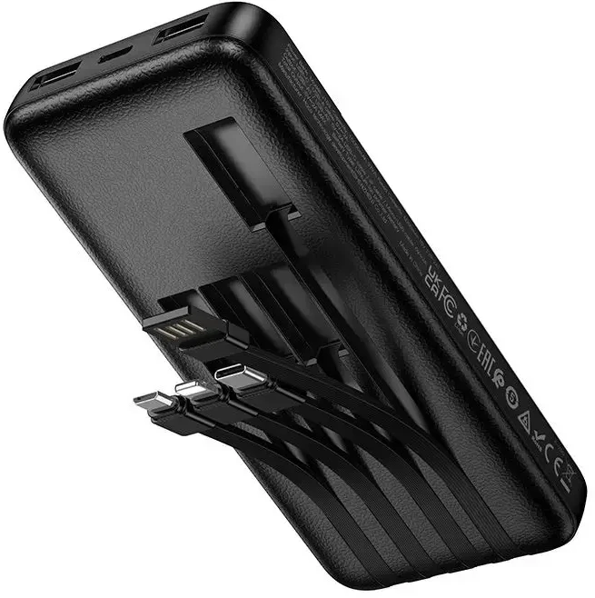 Išorinis akumuliatorius Hoco 10000 mAh 2A su keturiais integruotais kabeliais USB A + USB C + Lightning + Micro USB J163 juodas
