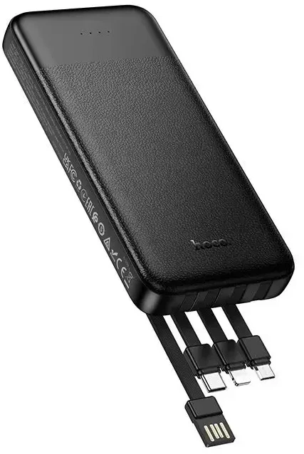 Išorinis akumuliatorius Hoco 10000 mAh 2A su keturiais integruotais kabeliais USB A + USB C + Lightning + Micro USB J163 juodas