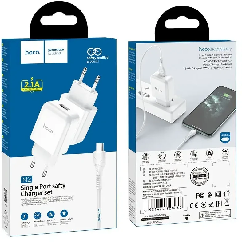 Telefono įkroviklis Hoco USB A QC3.0 3A 18W + laidas USB A į Micro USB N3 baltas