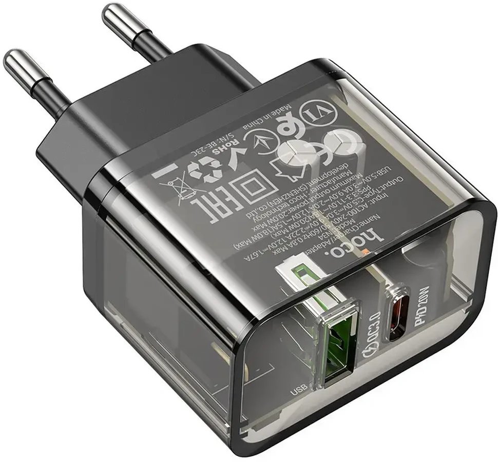 Telefono įkroviklis Hoco USB A + USB C QC3.0 PD 3A 20W N34 skaidrus