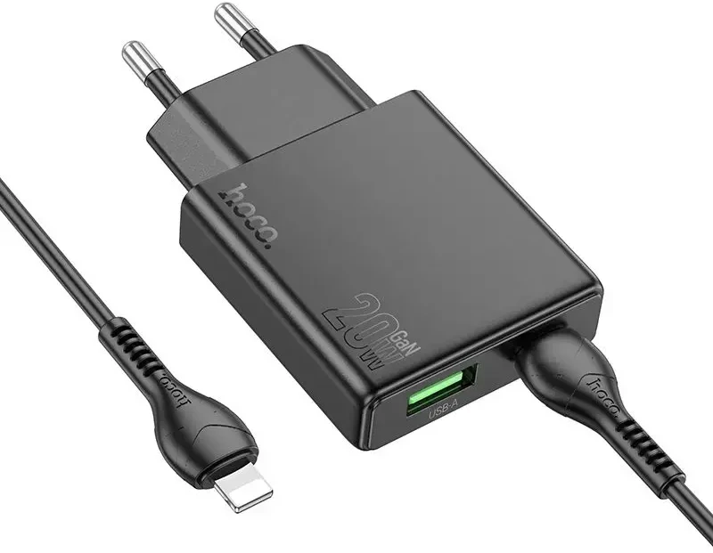 Telefono įkroviklis Hoco Slim USB A + USB C QC3.0 PD 3A 20W + laidas USB C - Lightning N38 juodas