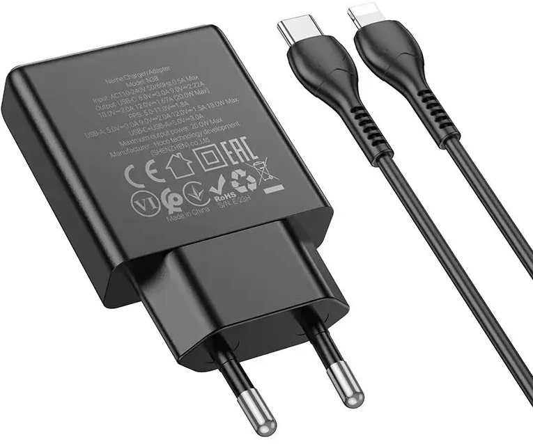 Telefono įkroviklis Hoco Slim USB A + USB C QC3.0 PD 3A 20W + laidas USB C - Lightning N38 juodas