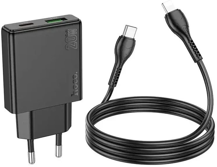Telefono įkroviklis Hoco Slim USB A + USB C QC3.0 PD 3A 20W + laidas USB C - Lightning N38 juodas
