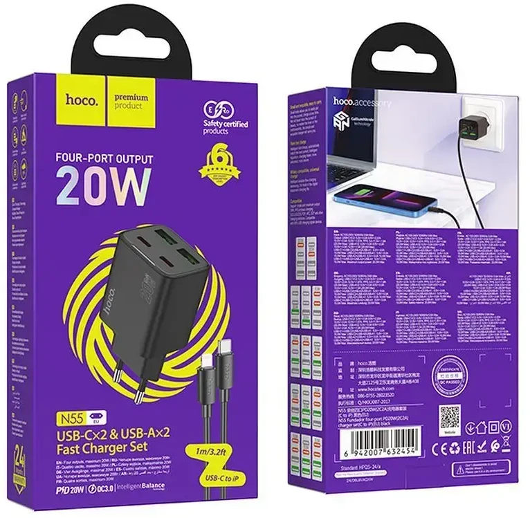 Telefono įkroviklis Hoco 2 x USB C + 2 x USB A QC3.0 PD 3A 20W + laidas USB C į Lightning N55 juodas