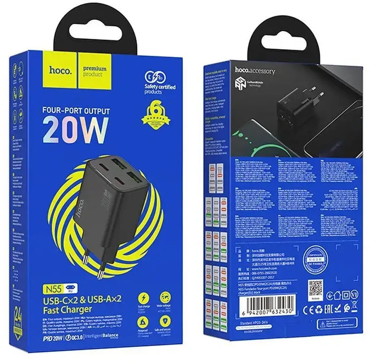 Telefono įkroviklis Hoco 2 x USB C + 2 x USB A QC3.0 PD 3A 20W N55 juodas
