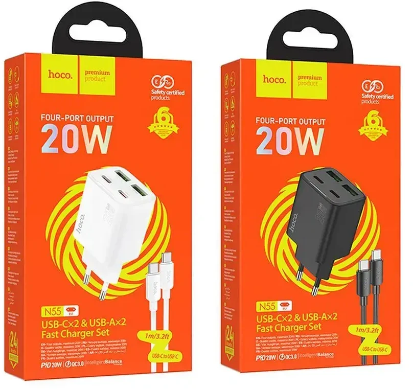 Telefono įkroviklis Hoco 2 x USB C + 2 x USB A QC3.0 PD 3A 20W + laidas USB C į USB C N55 baltas