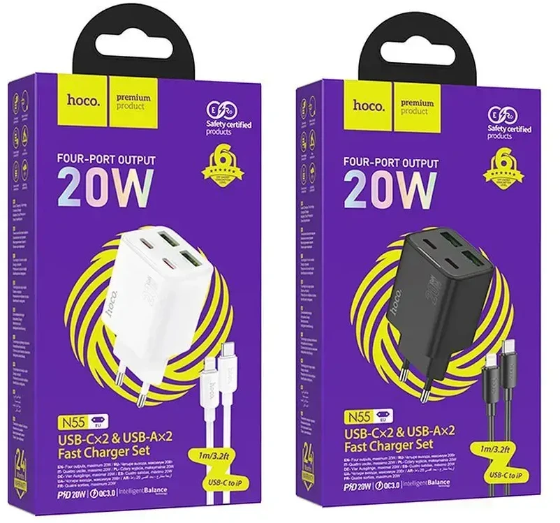 Telefono įkroviklis Hoco 2 x USB C + 2 x USB A QC3.0 PD 3A 20W + laidas USB C į Lightning N55 baltas