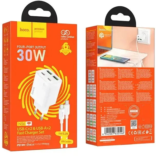 Telefono įkroviklis Hoco 2 x USB C + 2 x USB A QC3.0 PD 3A 30W + laidas USB C į USB C N56 baltas