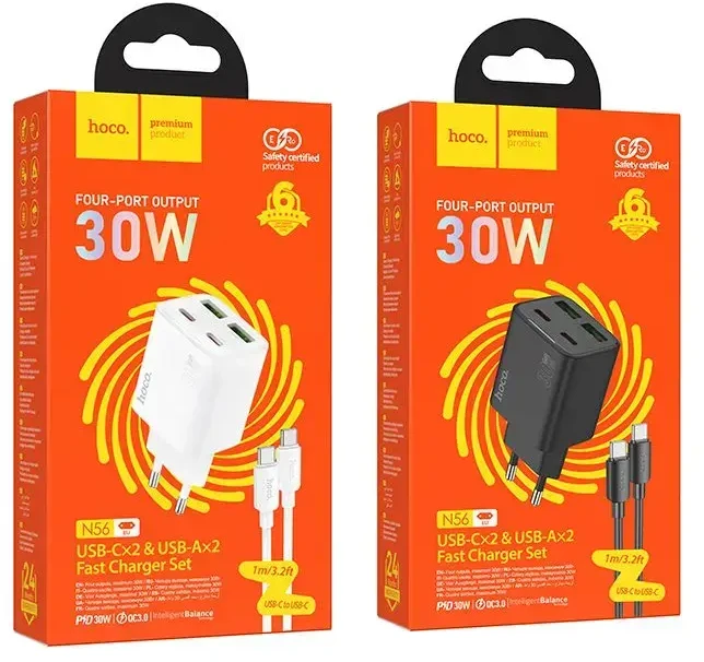 Telefono įkroviklis Hoco 2 x USB C + 2 x USB A QC3.0 PD 3A 30W + laidas USB C į USB C N56 baltas