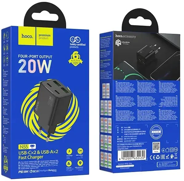 Telefono įkroviklis Hoco 2 x USB C + 2 x USB A QC3.0 PD 3A 30W N56 baltas