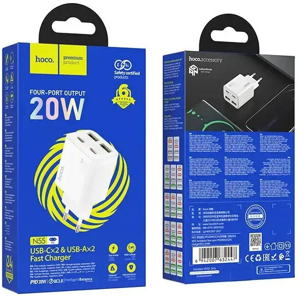Telefono įkroviklis Hoco 2 x USB C + 2 x USB A QC3.0 PD 3A 30W N56 baltas