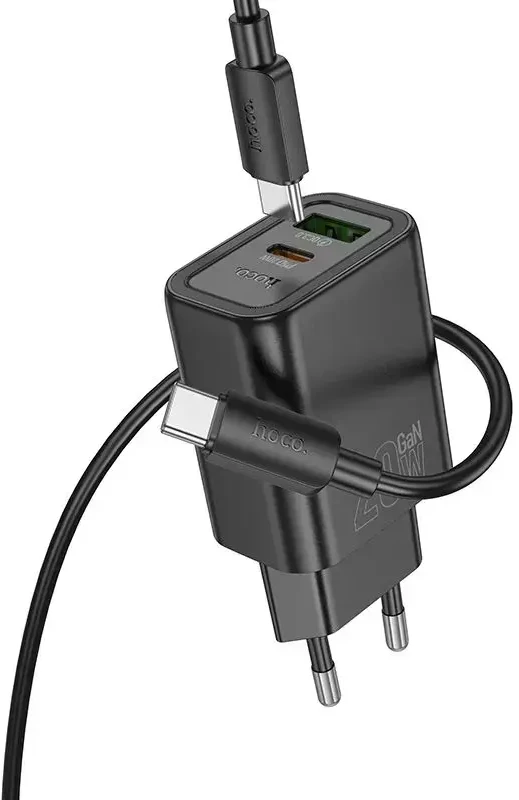 Telefono įkroviklis Hoco USB A + USB C QC3.0 PD 3A 20W + laidas USB C į USB C N61 juodas
