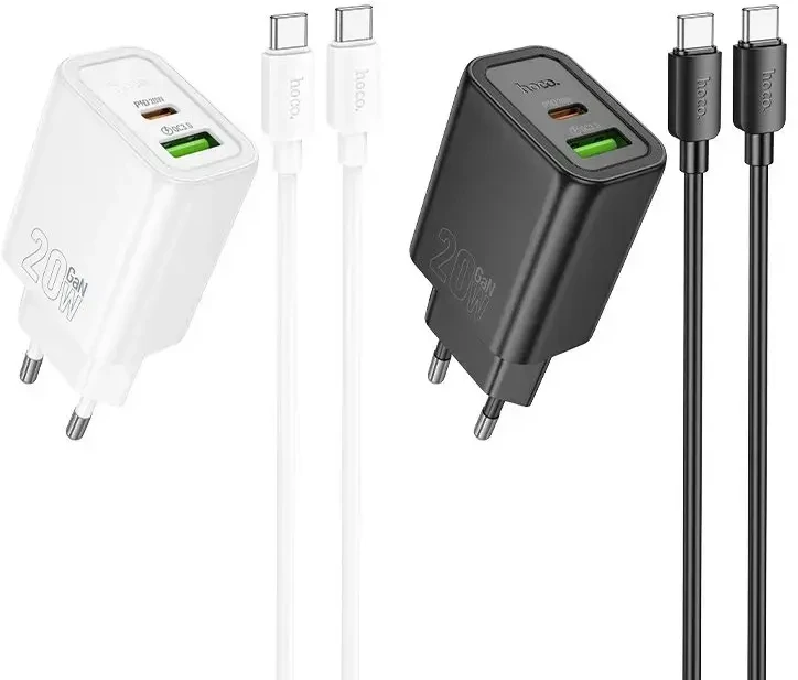 Telefono įkroviklis Hoco USB A + USB C QC3.0 PD 3A 20W + laidas USB C į USB C N61 juodas