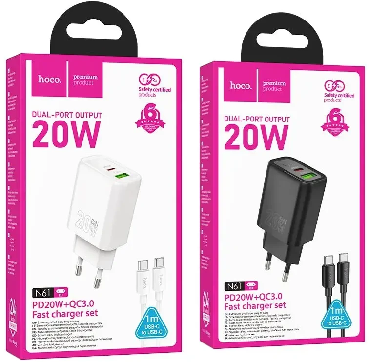 Telefono įkroviklis Hoco USB A + USB C QC3.0 PD 3A 20W + laidas USB C į USB C N61 juodas