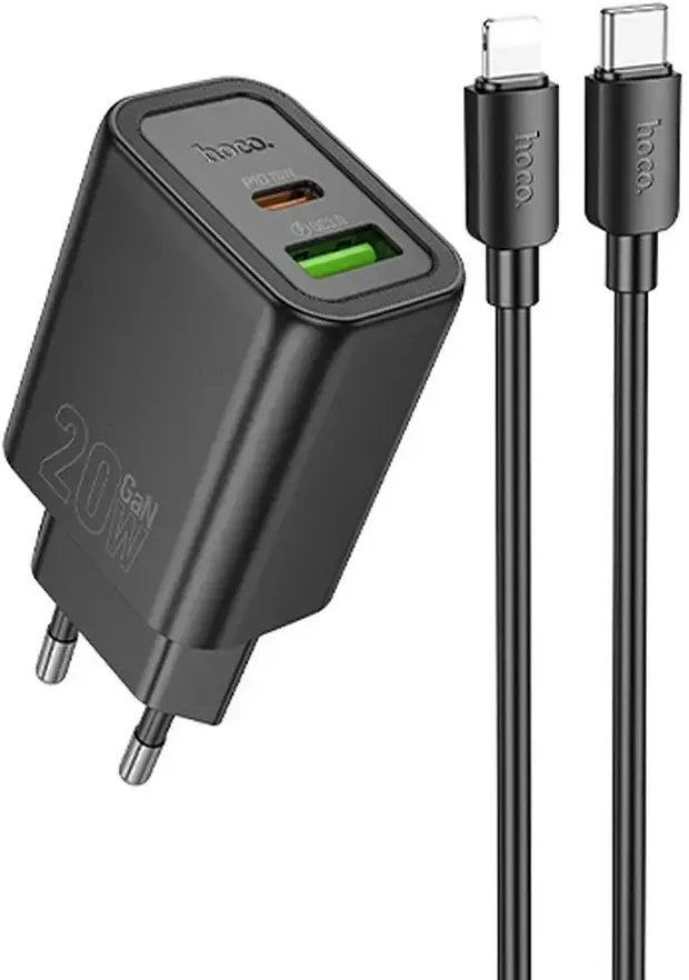 Telefono įkroviklis Hoco USB A + USB C QC3.0 PD 3A 20W + laidas USB C - Lightning N61 juodas