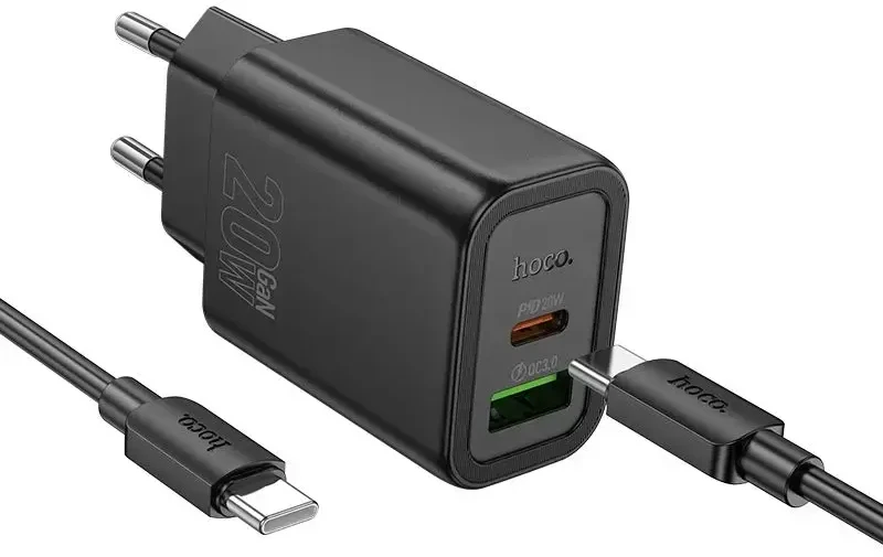 Telefono įkroviklis Hoco USB A + USB C QC3.0 PD 3A 20W + laidas USB C į USB C N61 juodas