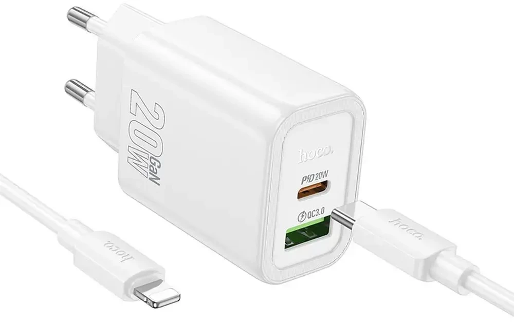 Telefono įkroviklis Hoco USB A + USB C QC3.0 PD 3A 20W + laidas USB C į Lightning N61 baltas