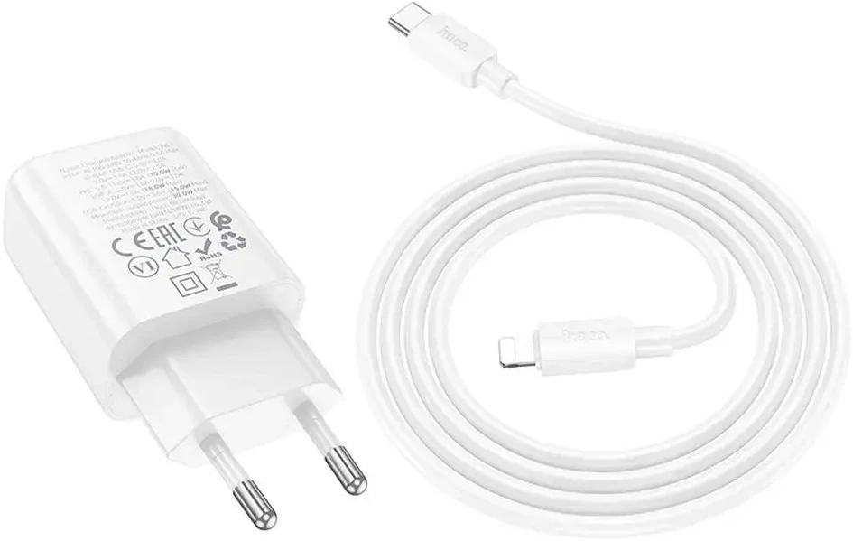Telefono įkroviklis Hoco USB A + USB C QC3.0 PD 3A 30W + laidas USB C į Lightning N63 baltas