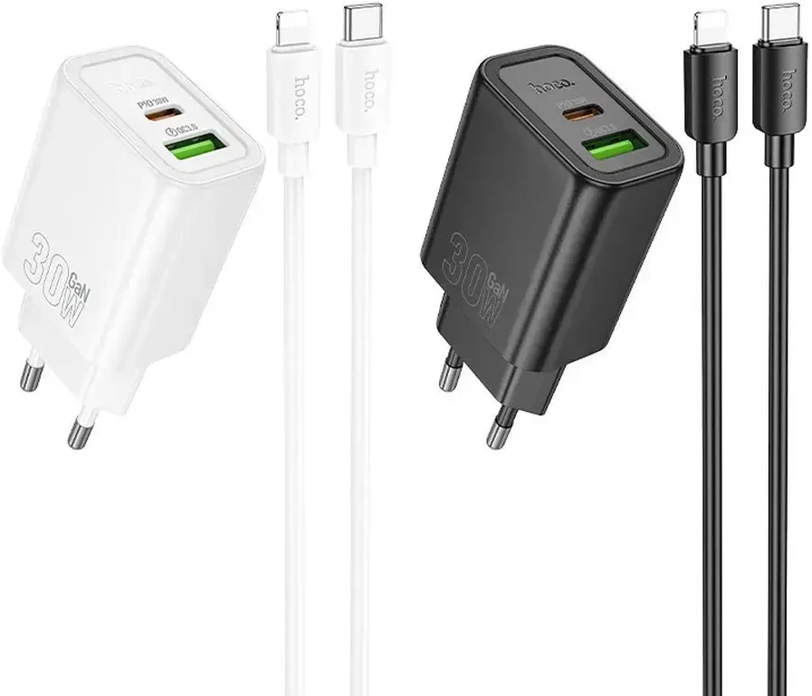 Telefono įkroviklis Hoco USB A + USB C QC3.0 PD 3A 30W + laidas USB C į Lightning N63 juodas