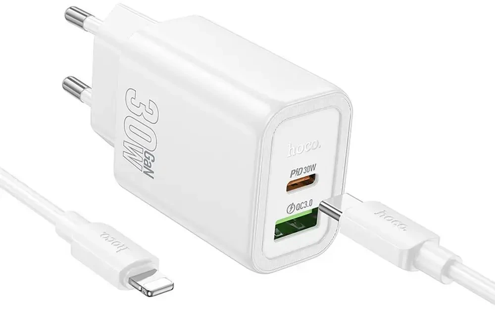 Telefono įkroviklis Hoco USB A + USB C QC3.0 PD 3A 30W + laidas USB C į Lightning N63 baltas