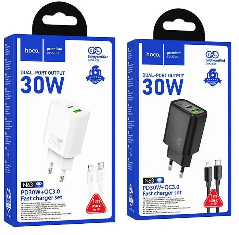 Telefono įkroviklis Hoco USB A + USB C QC3.0 PD 3A 30W + laidas USB C į Lightning N63 baltas
