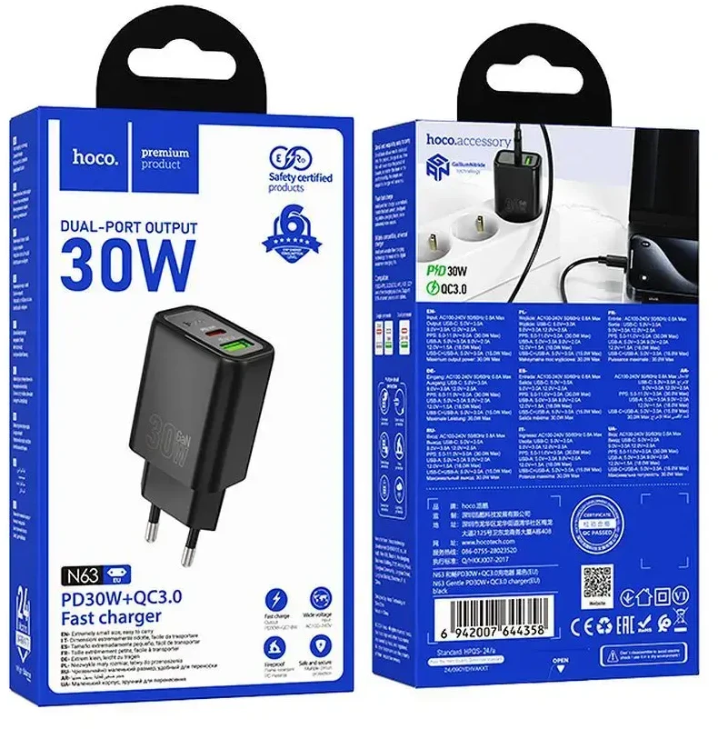 Telefono įkroviklis Hoco USB A + USB C QC3.0 PD 3A 30W N63 juodas