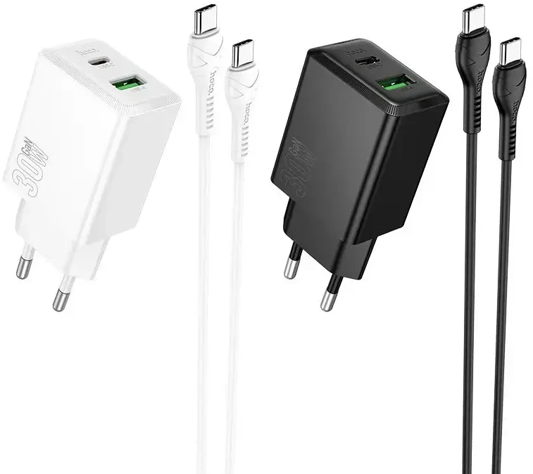 Telefono įkroviklis Hoco USB A + USB C QC3.0 PD AFC 3A 30W + laidas USB C į USB C N71 juodas
