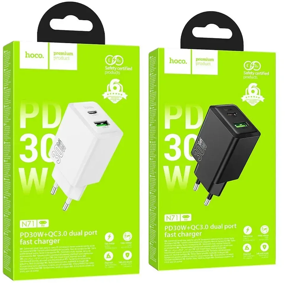 Telefono įkroviklis Hoco USB A + USB C QC3.0 PD AFC 3A 30W N71 baltas