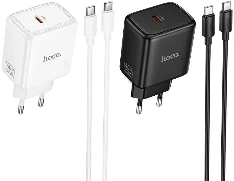 Telefono GaN įkroviklis Hoco USB C PD AVS 40W max 60W su USB C - USB C laidu N83 juodas