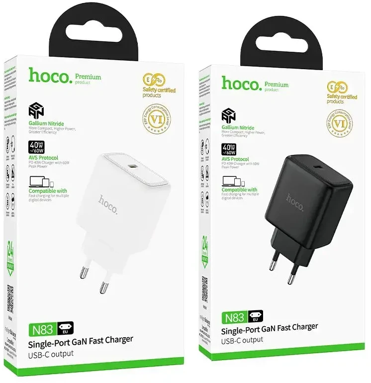 Telefono GaN įkroviklis Hoco USB C PD AVS 40W max 60W N83 baltas