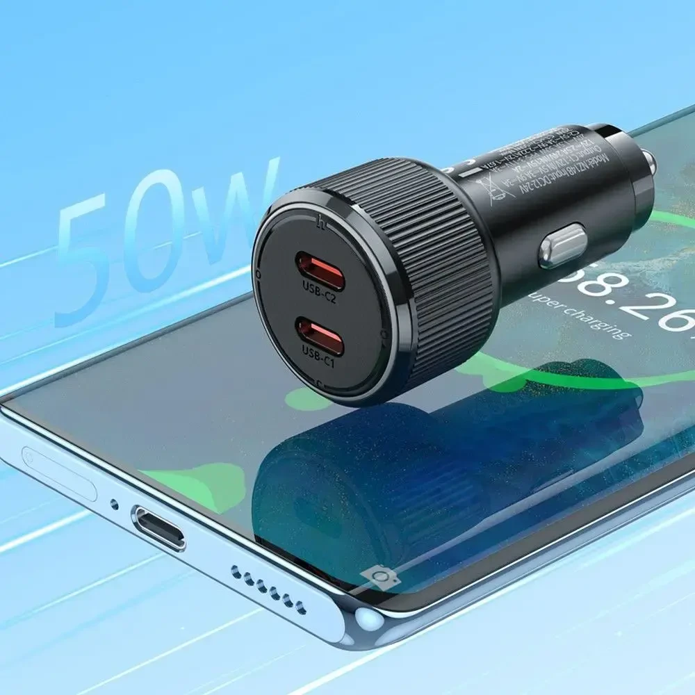 Car charger Hoco 2 x USB C QC PD 50W NZ14B juodas