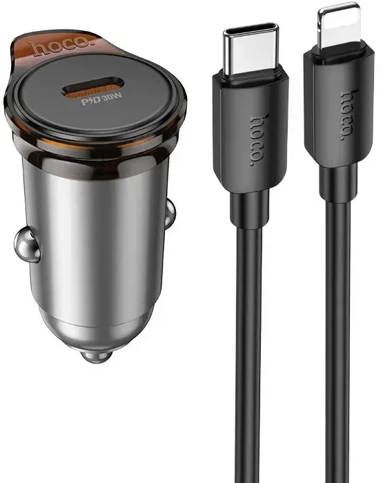 Automobilinis įkroviklis Hoco USB C QC PD 30W + laidas USB C - Lightning NZ16 metalinis pilkas