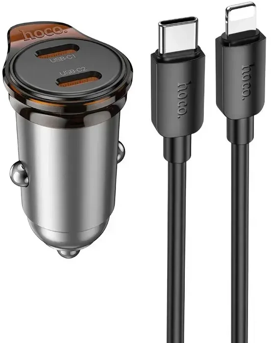 Automobilinis įkroviklis Hoco 2 x USB C QC PD 45W + laidas USB C į Lightning NZ16B metalinis pilkas