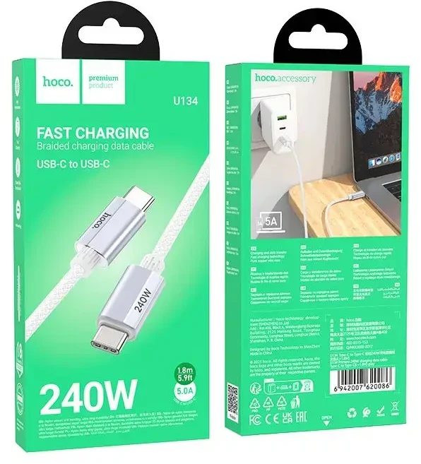 USB C į USB C laidas Hoco QC3.0 PD 5A 240W 1,8 m U134 pilka