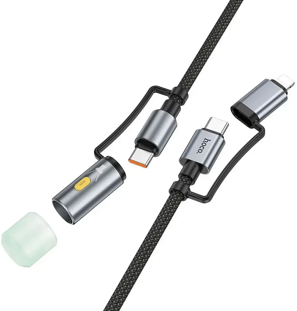 Laidas „viskas viename“ USB C / „Lightning“ į USB C / LED šviesą Hoco PD 3A 60W 1,2 m U138 juodas