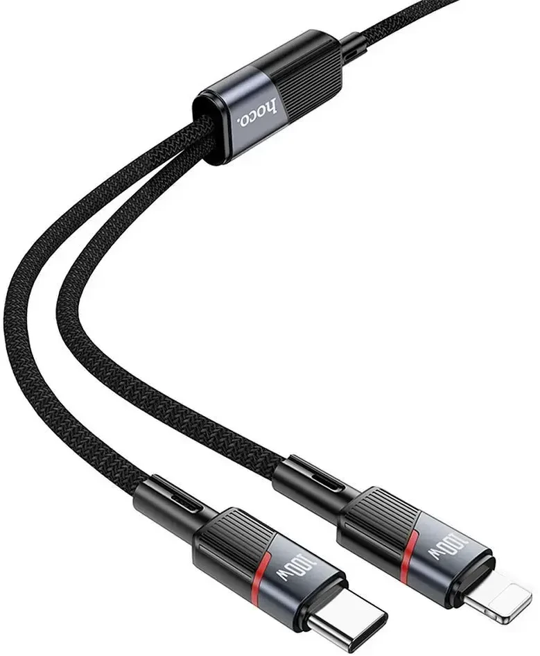 Laidas 2in1 USB-C į USB-C + Lightning Hoco 5A 100W 1,2 m U139 juodas