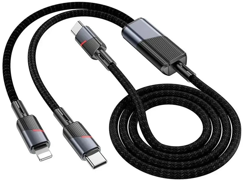Laidas 2in1 USB-C į USB-C + Lightning Hoco 5A 100W 1,2 m U139 juodas