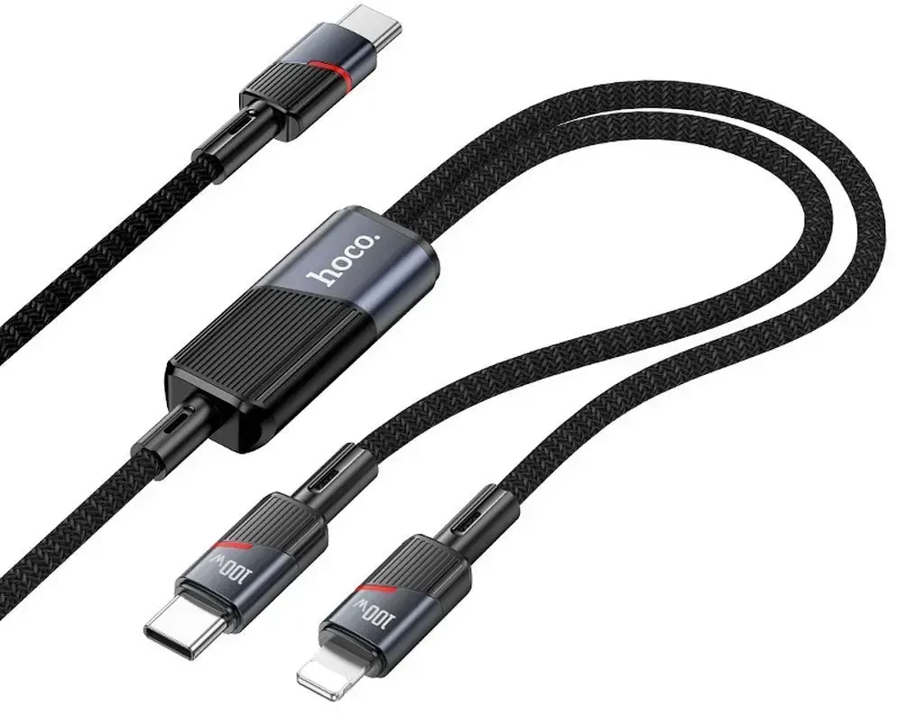 Laidas 2in1 USB-C į USB-C + Lightning Hoco 5A 100W 1,2 m U139 juodas