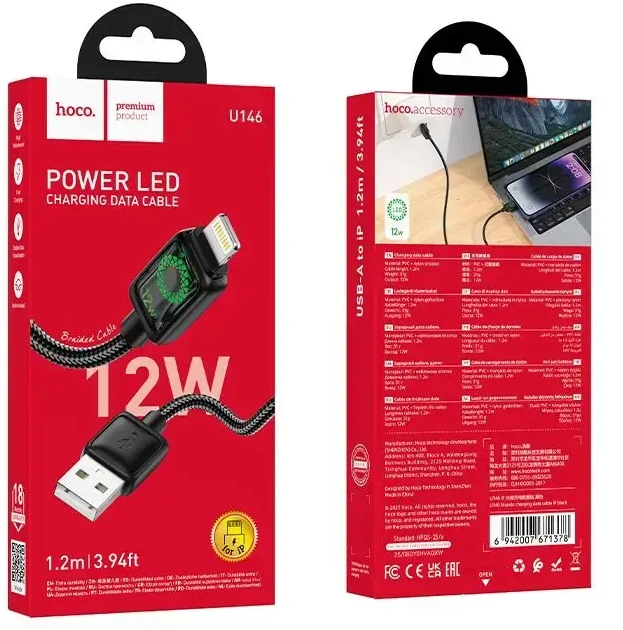 Laidas su LCD ekranu USB A į Lightning Hoco 2,4A 1,2 m U146 juodas