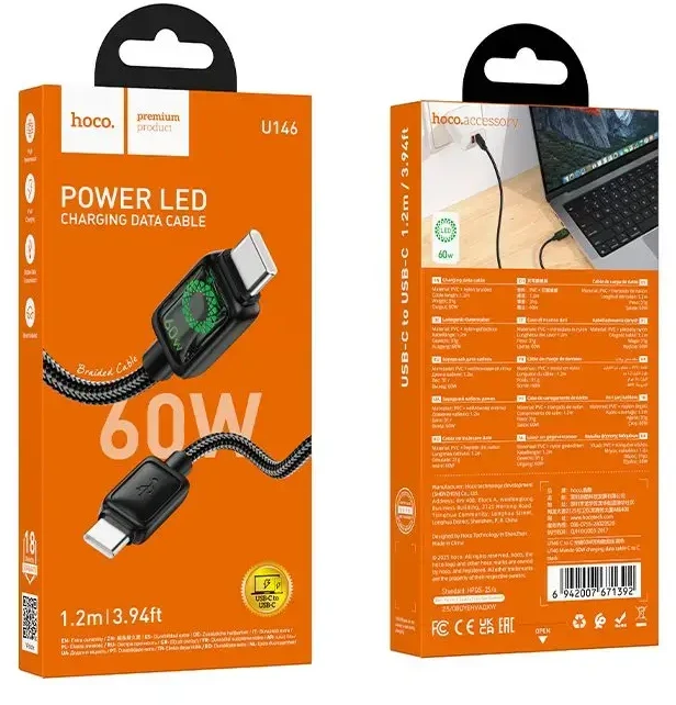 Laidas su LCD ekranu USB C į USB C Hoco 3A 60W 1,2 m U146 juodas