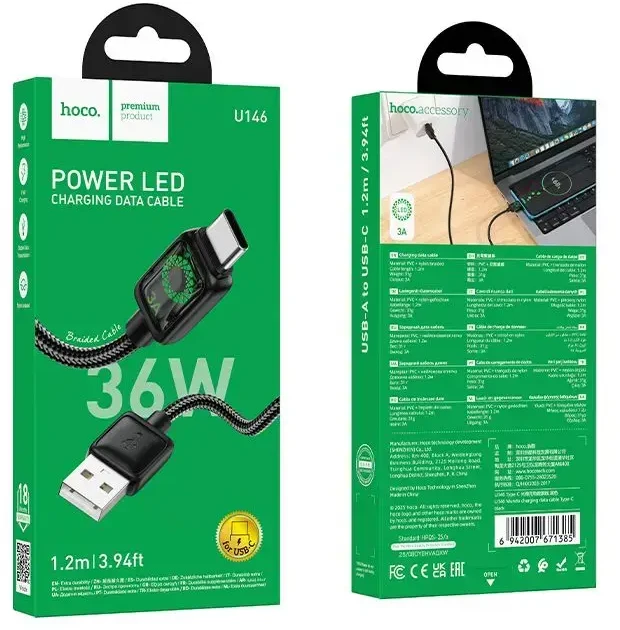 Laidas su LCD ekranu USB A į USB C Hoco 3A 1,2 m U146 juodas