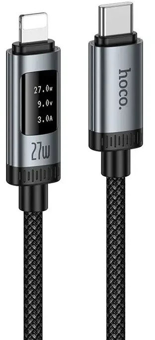 Duomenų kabelis su skaitmeniniu ekranu USB C - Lightning Hoco PD 27W 1,2 m U148 juodas